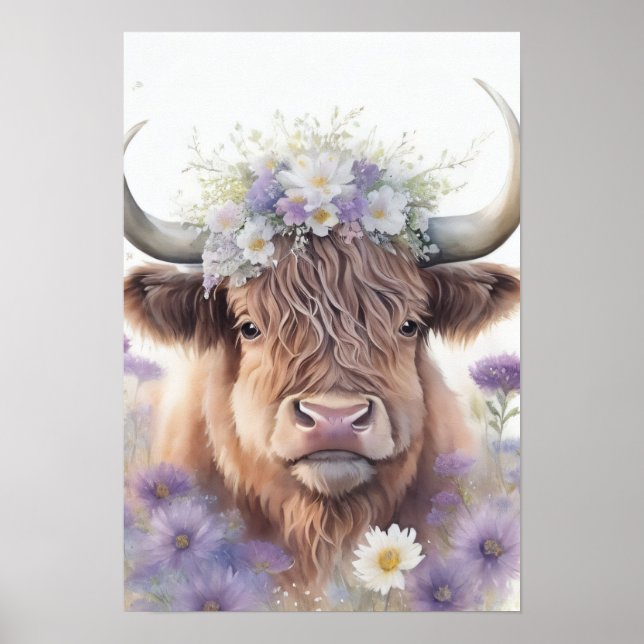 Póster Vaca Floral Highland (Frente)