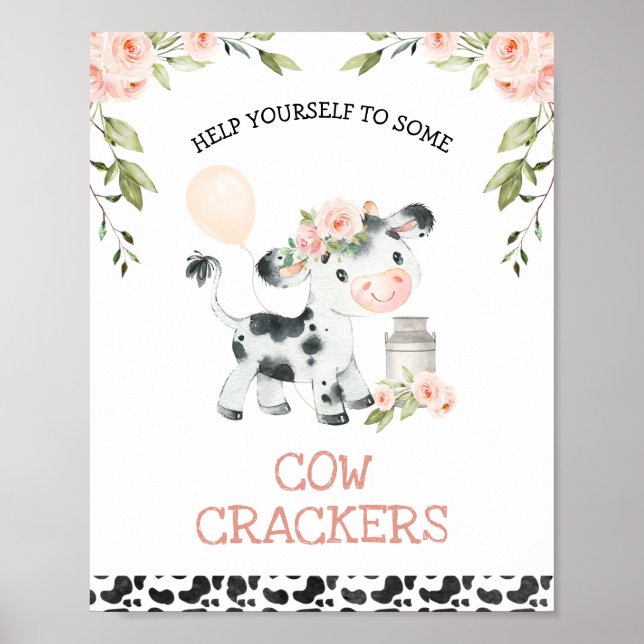 Póster Vaca floral rosa y Rótulo de fiesta de cumpleaños  (Frente)