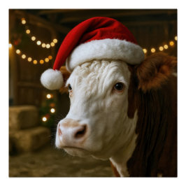 Póster Vaca Hereford de Navidad con sombrero de Santa