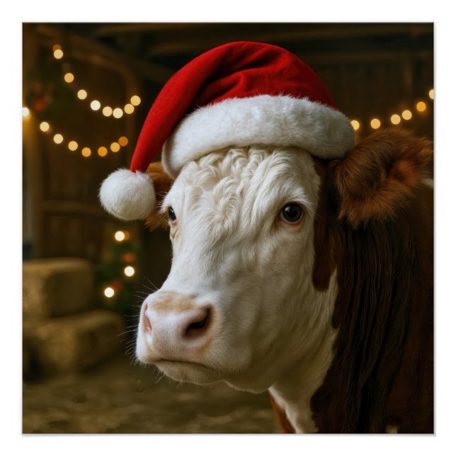 Póster Vaca Hereford de Navidad con sombrero de Santa (Anverso)