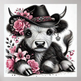 Póster Vaca Highland Con Gorra Floral