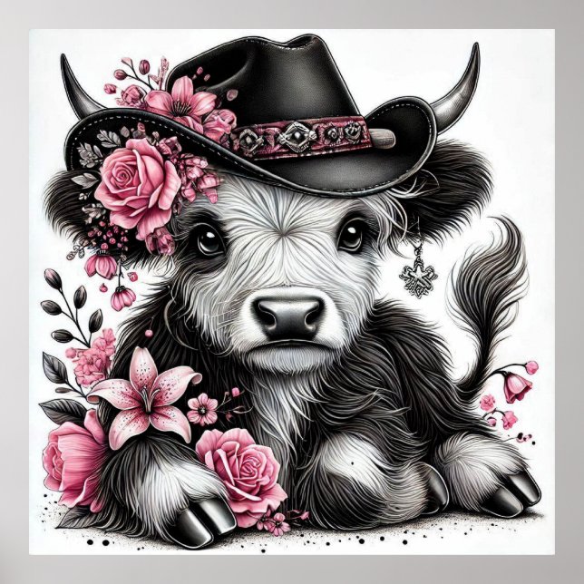Póster Vaca Highland Con Gorra Floral (Frente)