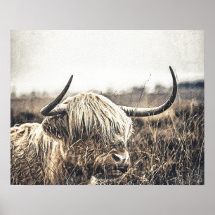 Póster Vaca Highland de acuarela moderna