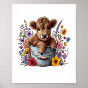 Póster Vaca Highland en balde de flores, lindo