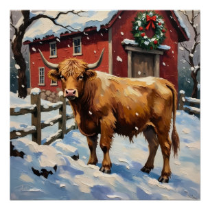 Póster Vaca Highland Vintage en el granero nevado de Navi
