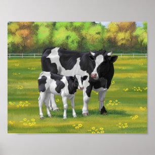 Póster Vaca Holstein y ternera en pasto de verano