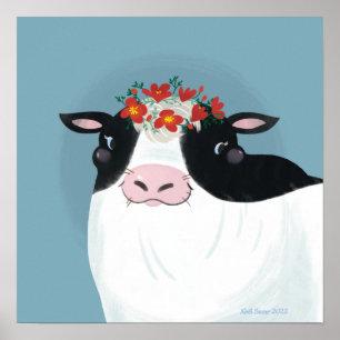 Póster Vaca lechera y flor roja