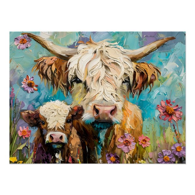 Póster Vaca y ternera de color en un prado (Anverso)