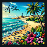 Póster Vacaciones de Aloha en el Océano Tropical<br><div class="desc">¡Aloha! litoral costero tropical bonito. agua azul bonito,  palmeras,  flores tropicales y un faro al fondo. Ai arte hecho en un estilo de arte pop de historietas.</div>