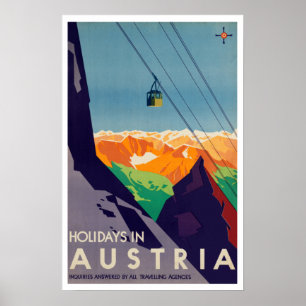 Póster Vacaciones de época en Austria Gondola elevó alpes