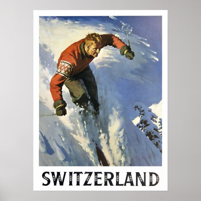Póster Vacaciones de invierno en Suiza, esquiador, cosech (Frente)