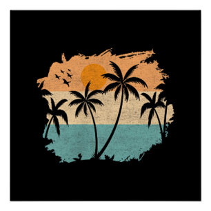 Póster Vacaciones de Verano Retro Atardecer Playa Palmera