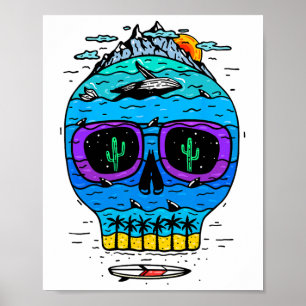 Póster Vacaciones divertidas de surf de cráneo en paraíso