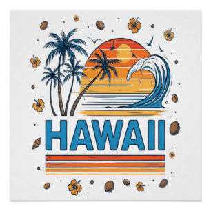 Póster Vacaciones en Hawái Atardecer Playa 70S