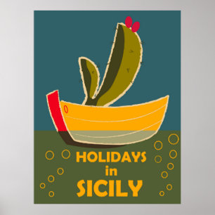 Póster Vacaciones en Sicilia, Italia, viaje vintage