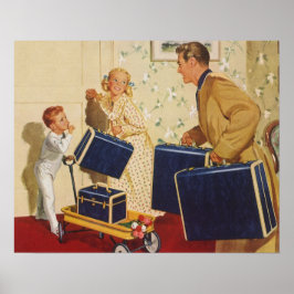Póster Vacaciones familiares, papá, niños y maletas