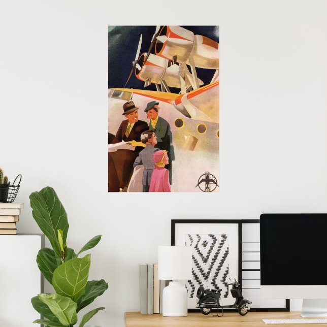 Póster Vacaciones familiares vintage vía hidroavión con h (Oficina en casa)