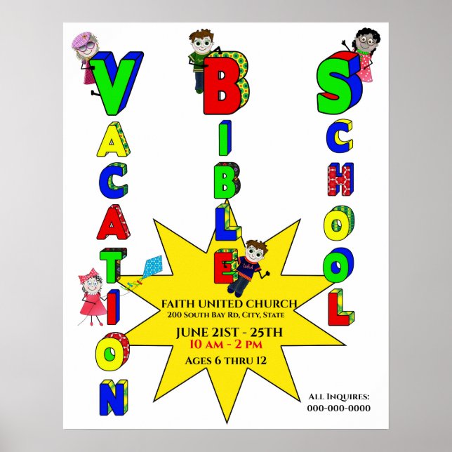 Póster VACACIONES Poster DE LA ESCUELA BIBLIA, niños, col (Frente)