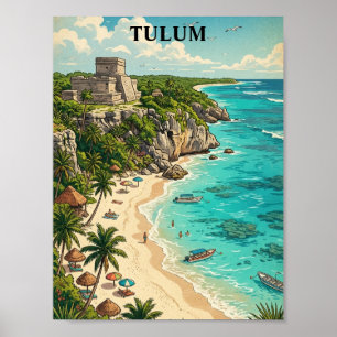 Póster Vacaciones Retro Coloridas en Tulum México Viaje