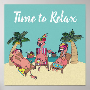 Póster Vacaciones tropicales de flamingo   Hora de relaja