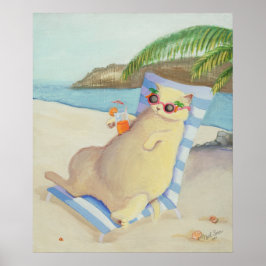 Póster Vacation Beach Cat Under Palm Tree Wall Art
