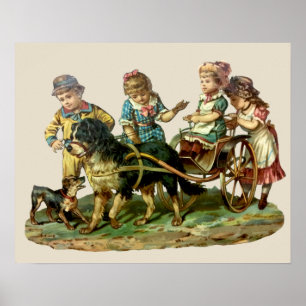 Póster Vagón Antiguo de Niños y Perro
