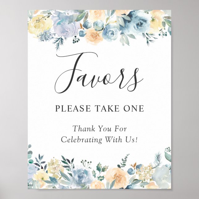 Póster Vainilla Dusty Blue Floral Wedding favorece al Rót (Frente)
