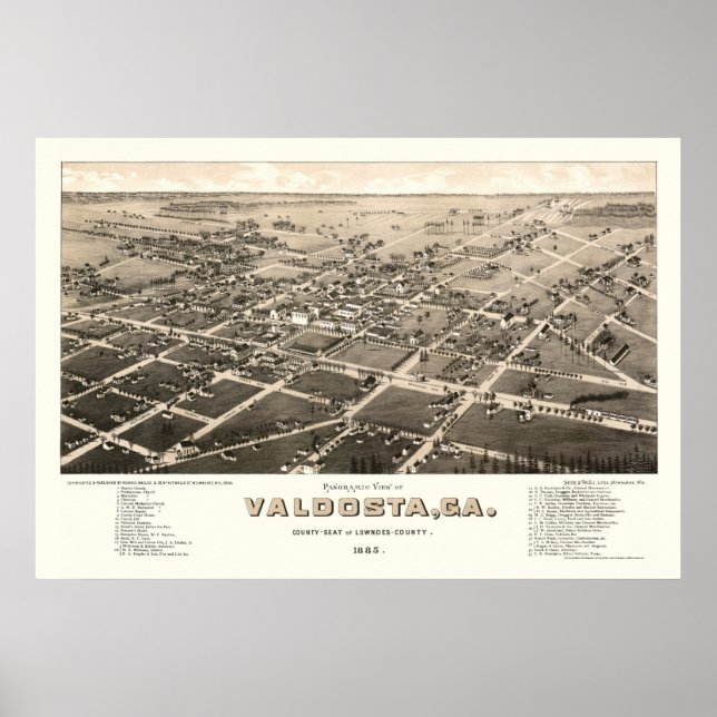 Póster Valdosta, Mapa Panorámico GA - 1885 (Frente)