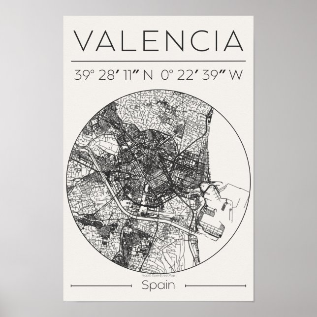 Póster Valencia City Map Poster Minimal Charcoal Wall Art (Frente)