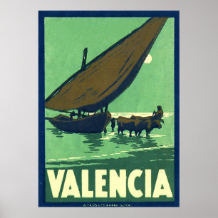 Póster Valencia, España, barco de pesca en el mar,