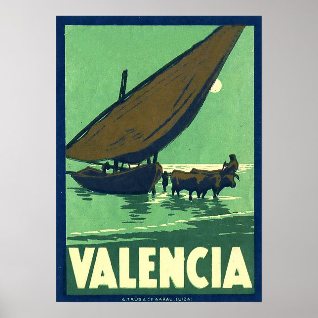 Póster Valencia, España, barco pesquero en el mar, vintag (Frente)