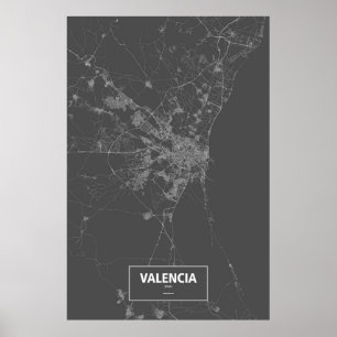 Póster Valencia, España (blanco sobre negro)
