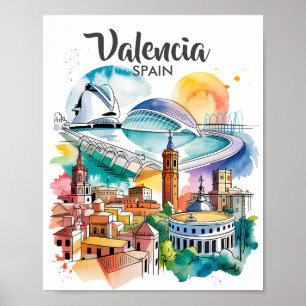 Póster Valencia España Paisaje Urbano Acuarela Viaje Pers