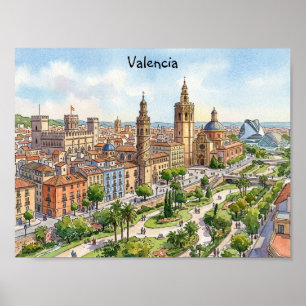 Póster Valencia España Vista de la Ciudad Acuarela Viaje