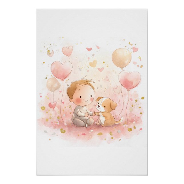 Póster Valentine Baby & Puppy Nursery Art Print (Anverso)
