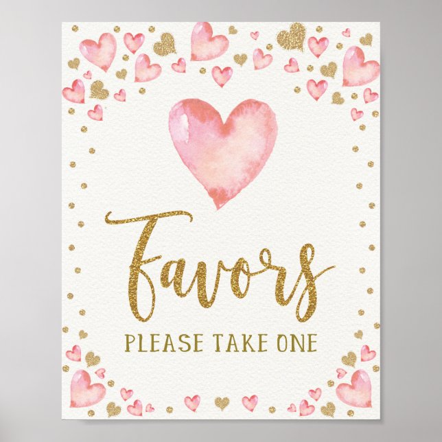 Póster Valentines Birthday Favor Pink Gold Hearts Shower (Frente)