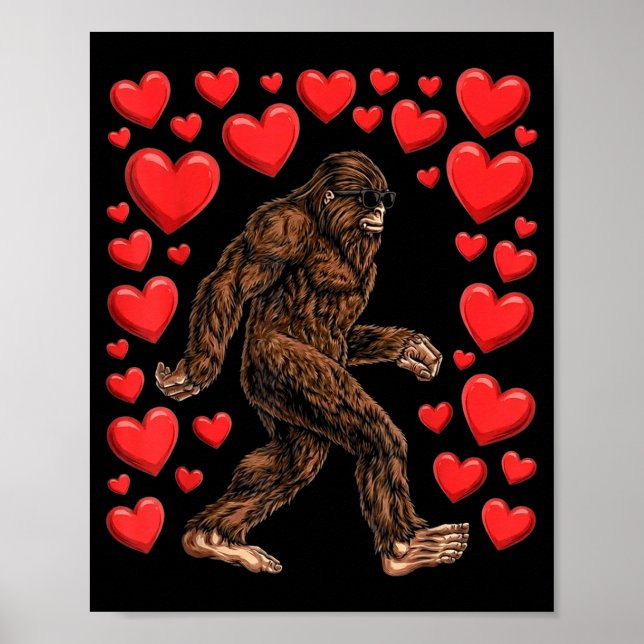 Póster Valentines Day Bigfoot Red Hearts Funny Sasquatch  (Frente)