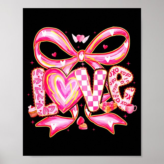 Póster Valentines Day Love Funny Coquette Bow Checkered X (Frente)