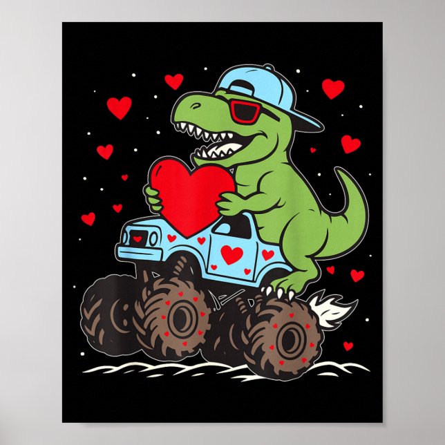 Póster Valentines Day T Rex Riding Monster Truck Funny To (Frente)