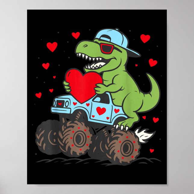 Póster Valentines Day T Rex Riding Monster Truck Funny To (Frente)