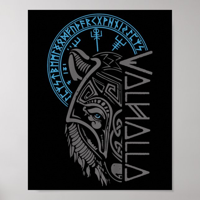 Póster Valhalla Wolf Mask Odin Rueda El Viking Norse Comp (Frente)