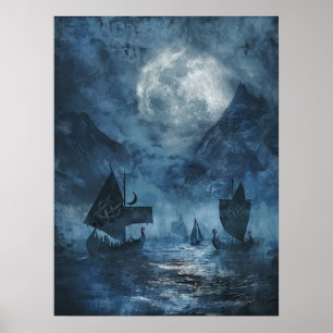 Póster Valknut Viking Ships Samhain Halloween Nórdico