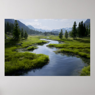 Póster Valle Alpino Arroyo Praderas Verdes Cimas Nevadas