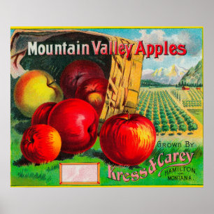 Póster Valle Apple LabelHamilton, TA de la montaña