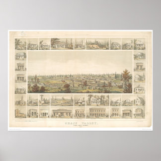 Póster Valle de Grass, California. Mapa panorámico 1858 (
