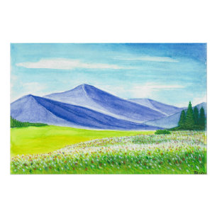 Póster Valle de Montaña Azul Flores Silvestres Acuarela