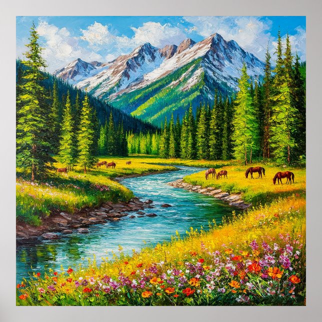 Póster Valle de montaña con corriente (Frente)