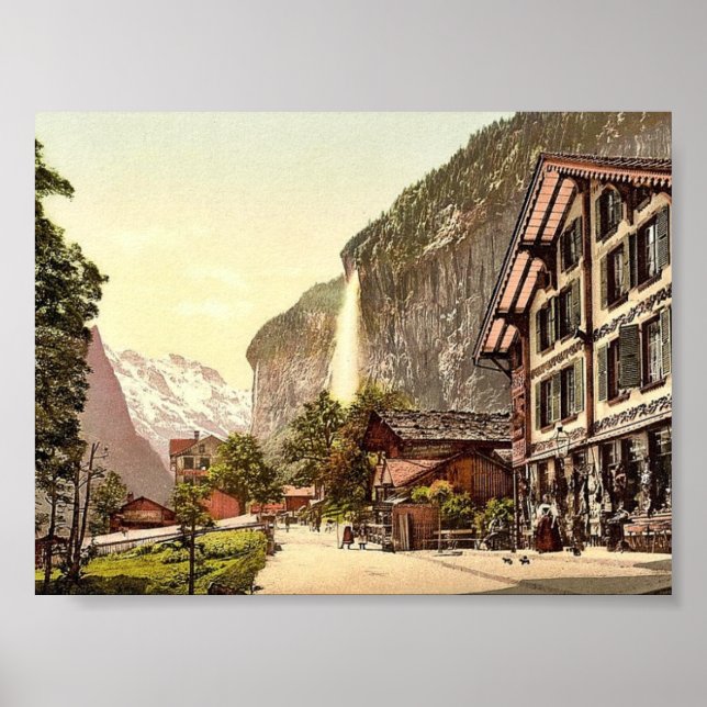 Póster Valle Lauterbrunnen, vista de la calle con Staubba (Frente)