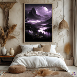 Póster Valle Místico bajo la Luna – Fantasía Monocroma 