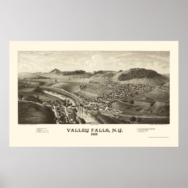 Póster Valley Falls, NY Mapa Panorámico - 1887 (Frente)